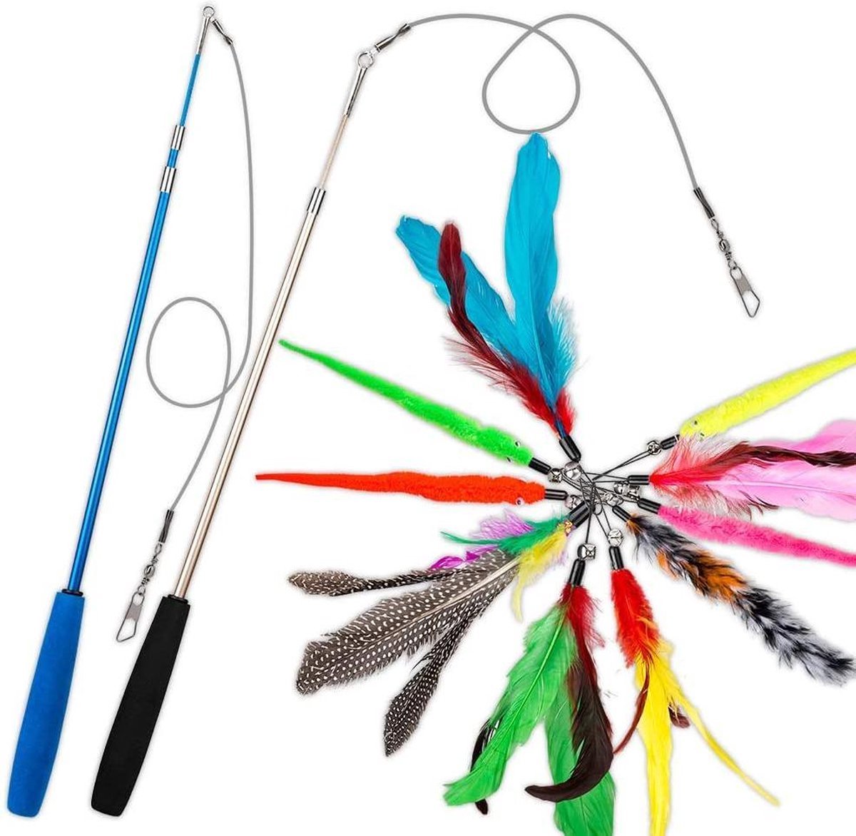 2 Kattenhengels met 10 Speeltjes – Bewegende Kattenspeeltjes met Veren en...