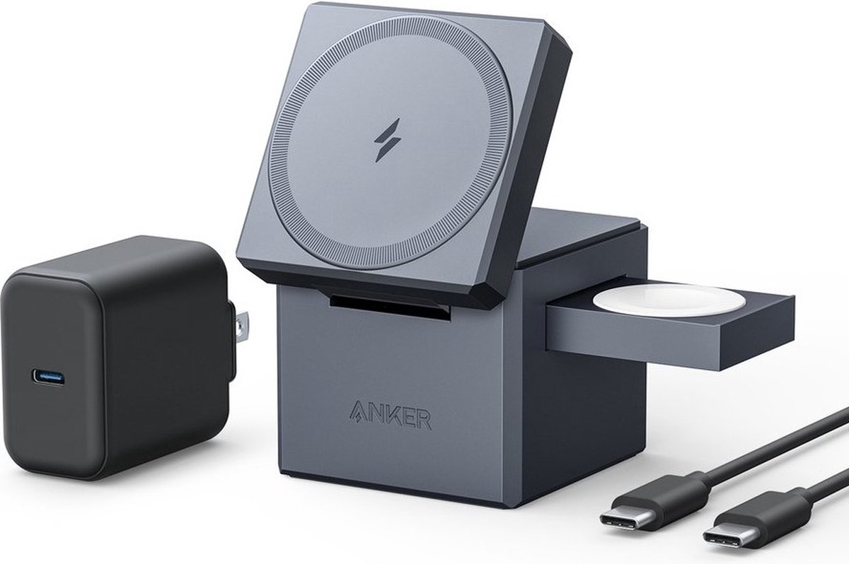 Anker 3-in-1 Cube MagSafe Oplader voor iPhone, Watch en AirPods Grijs