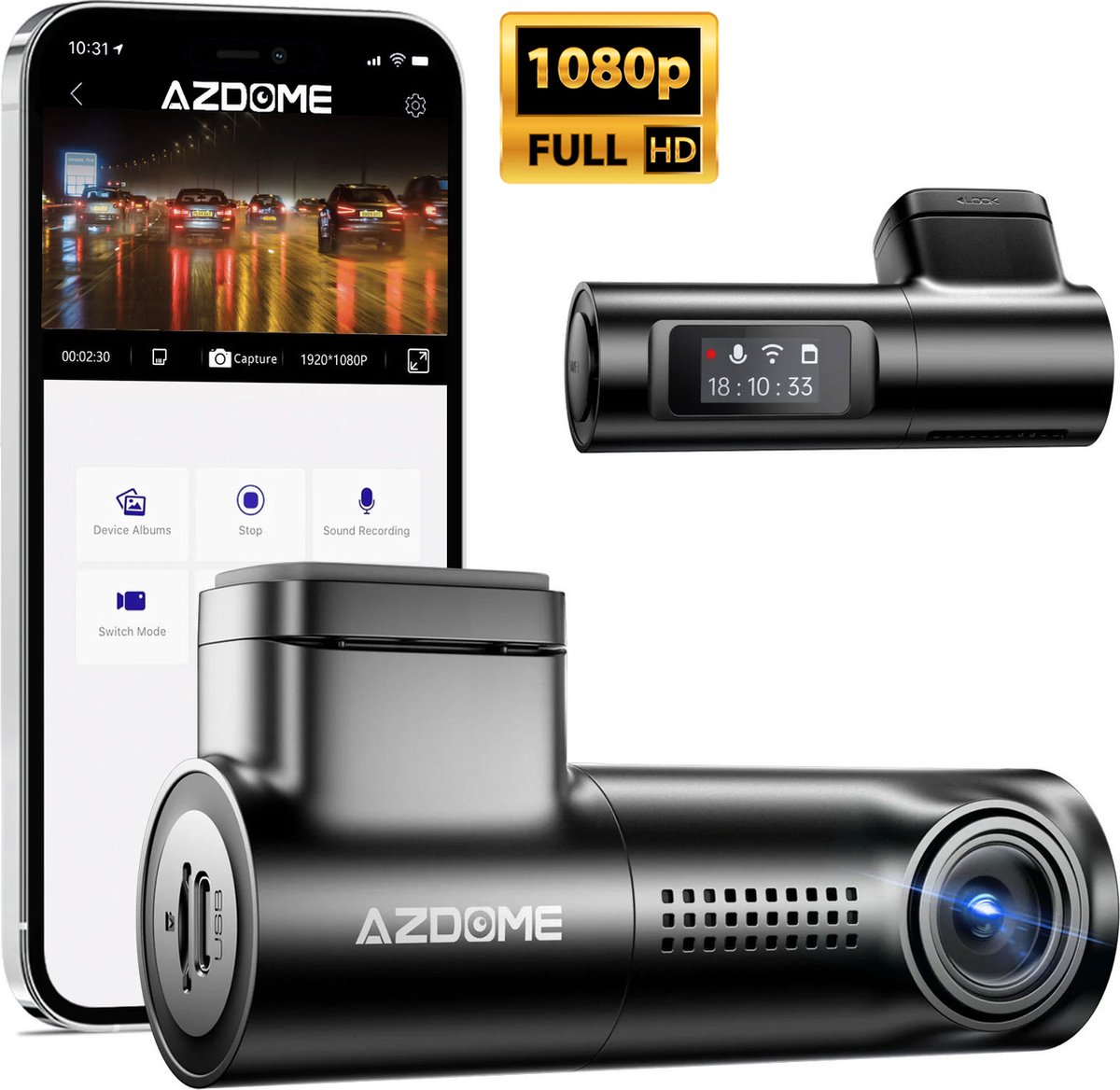 AZDome M330 V2 dashcam voor auto - 170 graden kijkhoek - Nachtzicht - FullHD...