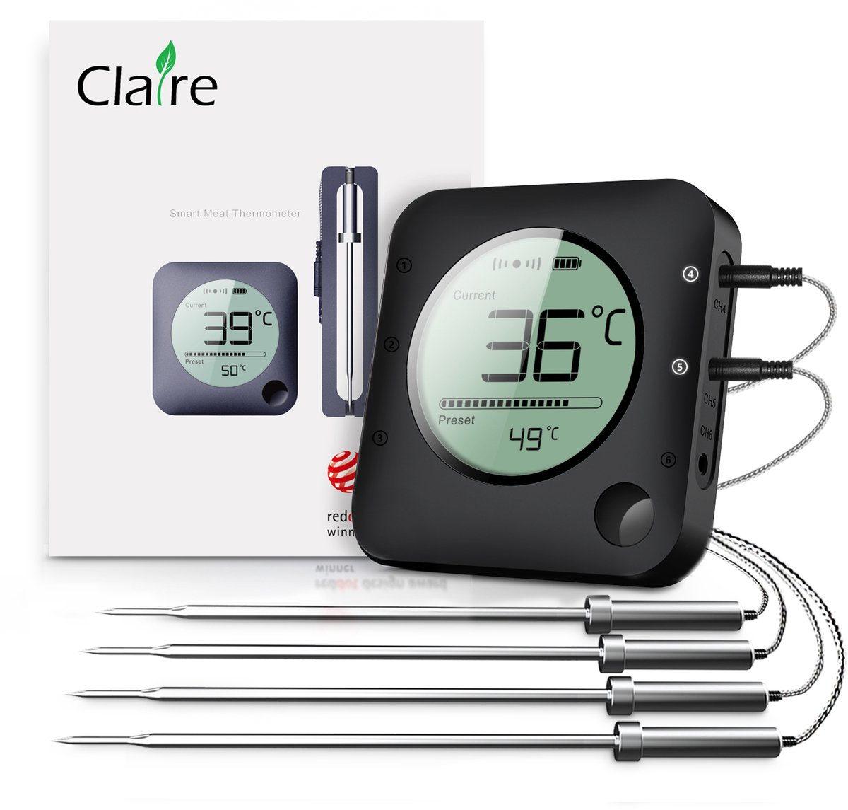 Claire BBQ thermometer - Vleesthermometer - Oventhermometer - Draadloos met app - Incl. Batterijen en 4 meetsondes