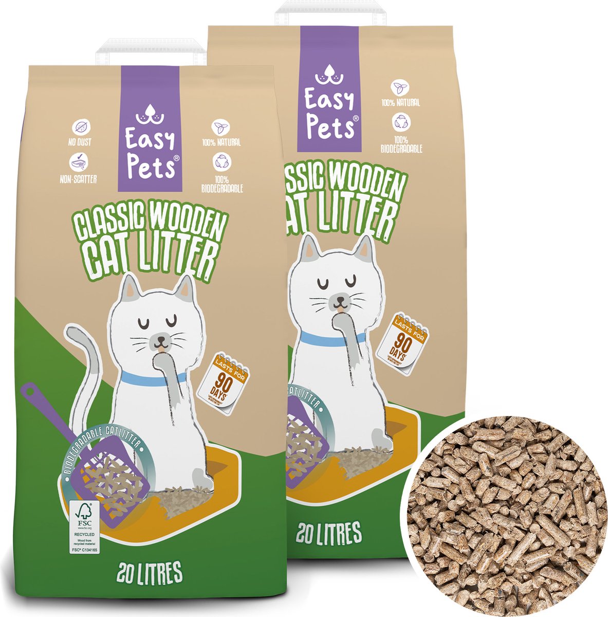 Easypets Houtkorrel Kattenbakvulling 2x 10KG (20KG - 40L) - Biologisch...
