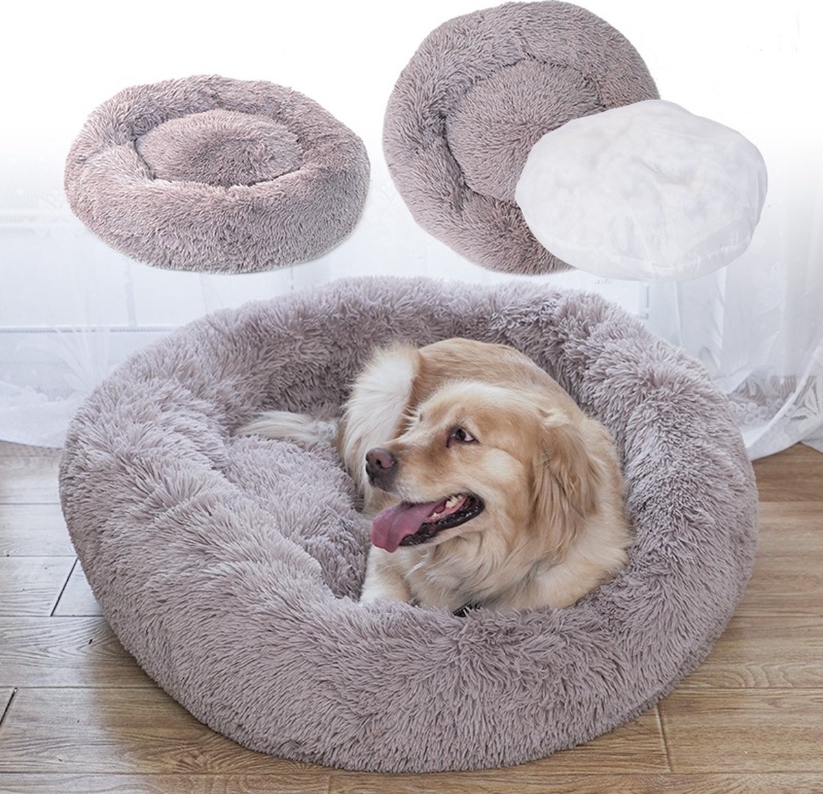 Edward&DeVries Hondenmand met Rits - 80cm - Hondenbed - Donut Dog Bed - Fluffy - Beige/grijs - Wasbaar