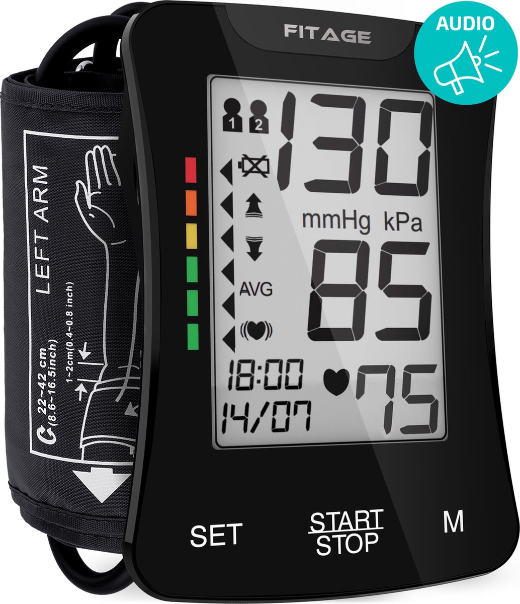 FITAGE Medische Bovenarm Bloeddrukmeter - Bloeddrukmeters - Hartslagmeter - Blood Pressure Monitor - Omtrek manchet 22-42cm