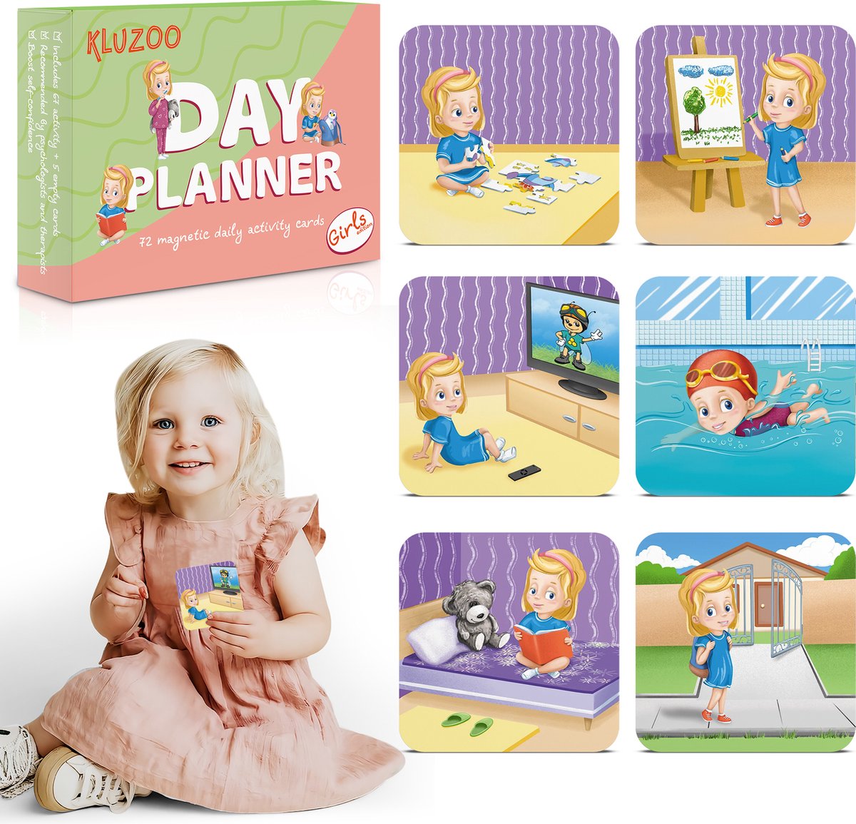De 5 beste zindelijkheidsboxen 4 KLUZOO Dagplanner – 72 Magnetische Kaarten Meisje-Pictogrammen voor Planbord met Activiteiten en Taken – Zindelijkheidstraining – Beloningssysteem – Montessori Speelgoed - Zindelijkheid - Potjestraining Jongens en Meisje – Dagritme - Planner – Kind