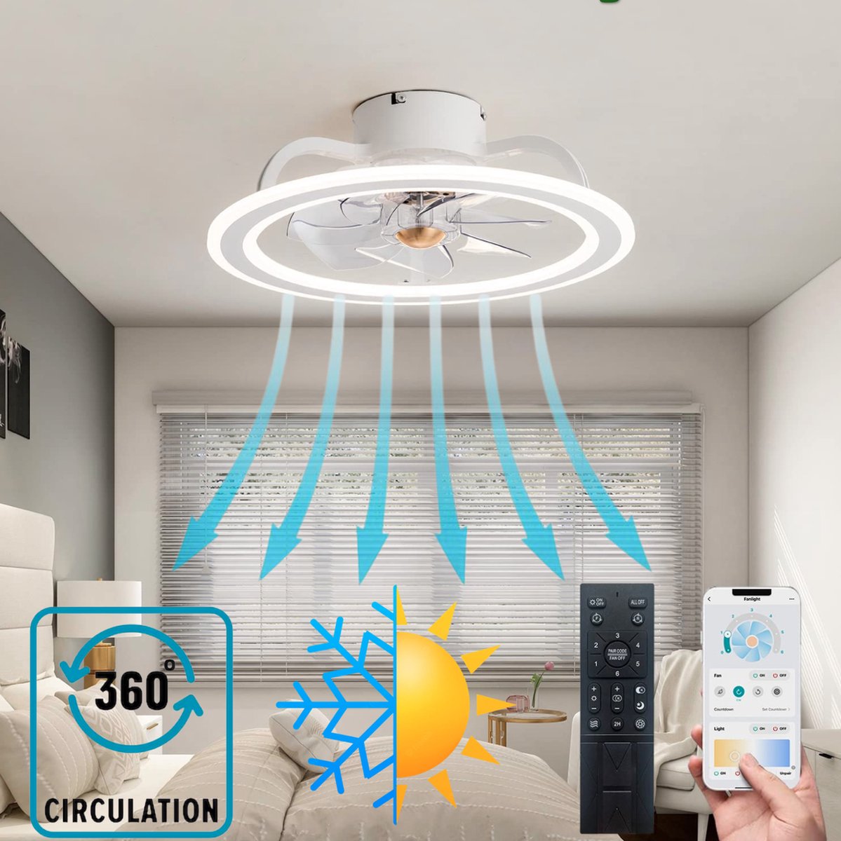De 5 beste plafondventilators voor optimale verkoeling 3 L'air Pur Plafondventilator met verlichting - LED plafondlamp met ventilator - afstandsbediening - APP bestuurbaar - winter- en zomerstand - 6 snelheden - dimbaar - 360 graden circulatie - wit