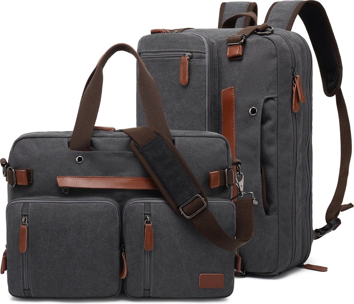 Laptoptas 2 in 1 Laptop Rugtas Schoudertas voor 15.6 inch laptop – canvas grijs