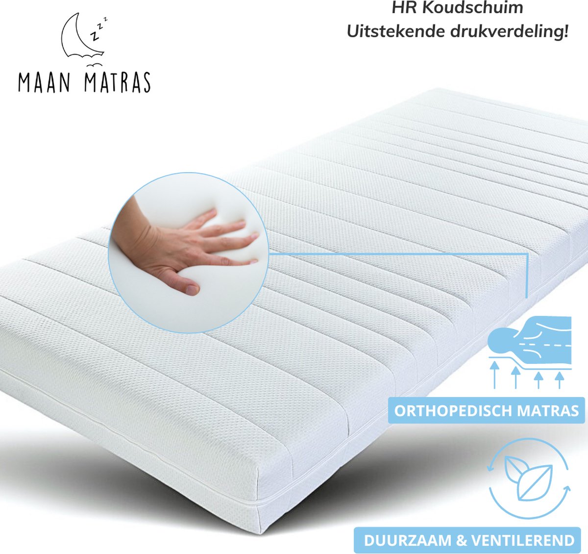 Maan matras® 90x200 cm - Hr koudschuim - 20cm dik - Afritsbaar hoes wasbaar -...