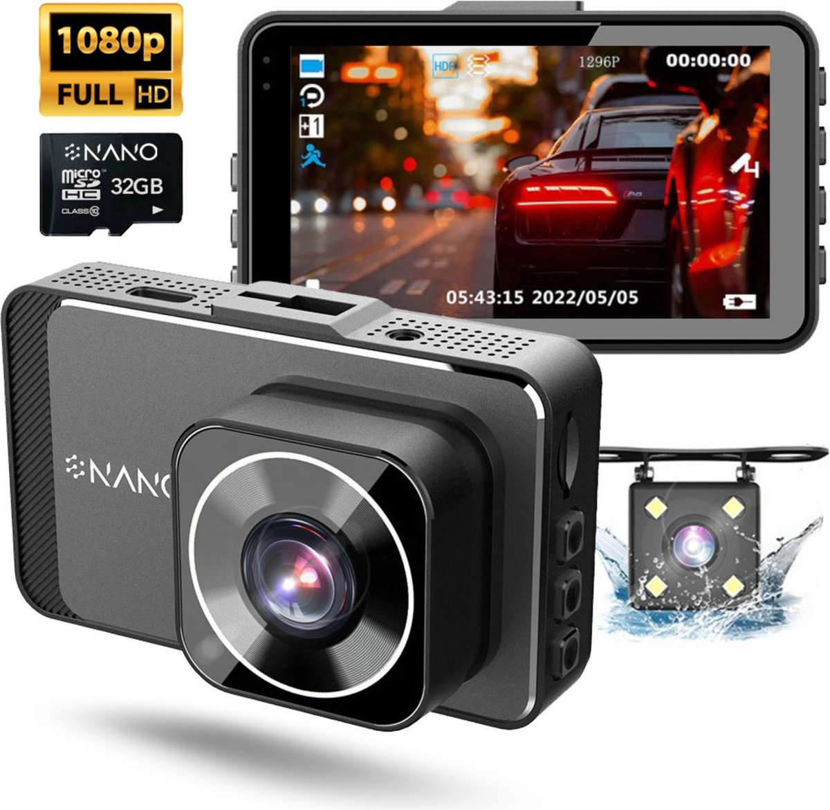 Nanocam M19 32gb dashcam voor auto met achter camera - FullHD + VGA resolutie...