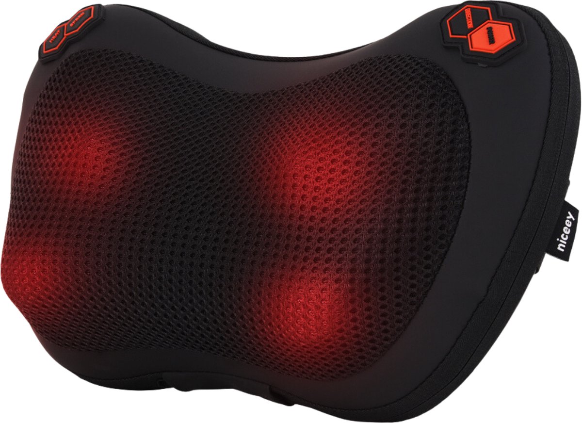Niceey Shiatsu Massagekussen Nek en Rug - Draadloos - Nekmassage Apparaat - Infrarood Massageapparaat - Massage Kussen - 4 Massageknoppen - Zwart