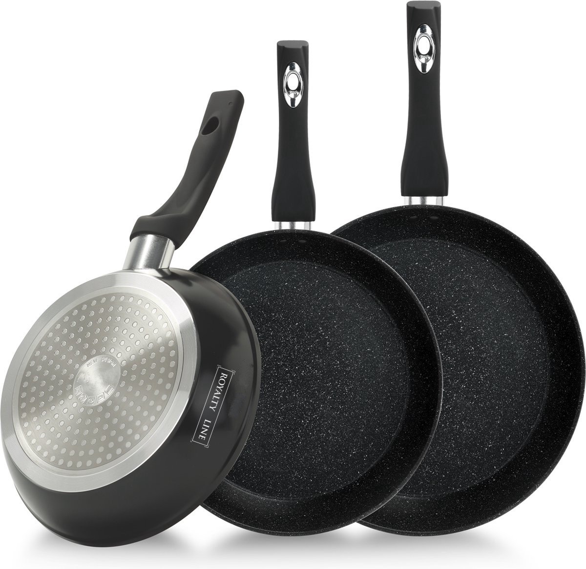 Royalty Line® FM3 Koekenpan Inductie Set - 3 Delig Koekenpannenset Ø 20/24/28 cm - Pannenset Voor Alle Warmtebronnen - Antiaanbaklaag - Pannen Met Koudgrepen - Zwart