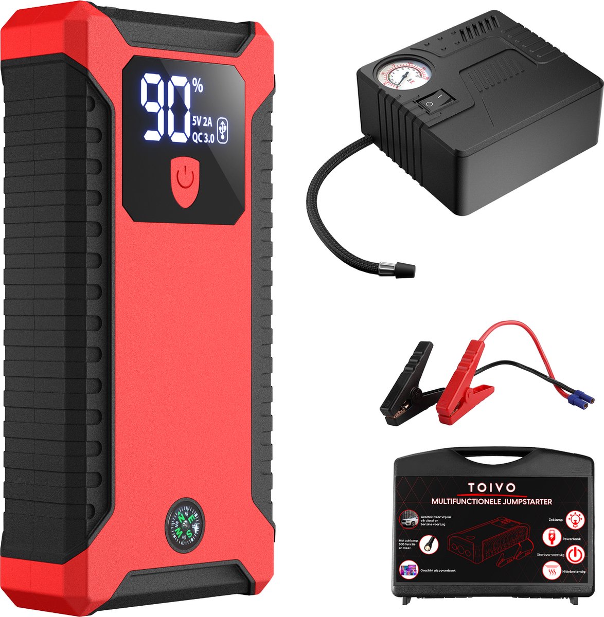 Toivo 12V Jumpstarter voor Auto - 1000A / 20.000 mAh - Met Compressor -...