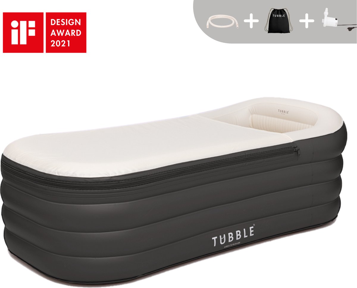 Tubble® Royale Opblaasbaar Ligbad - Opblaasbad - Onyx Black – Opvouwbaar Bad Voor Volwassenen tot 188cm - IJsbad Wim Hof Methode - Zitbad - 255L - inclusief Tubble cleaner