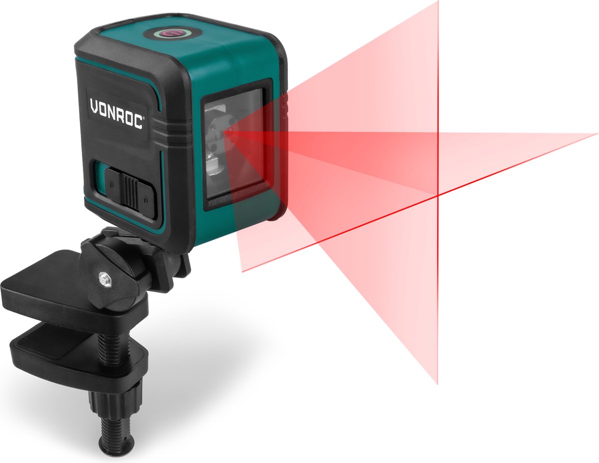 VONROC Kruislijnlaser – Rood – Zelfnivellerend – 10 meter – Incl. bevestigingsbeugel, opbergtas