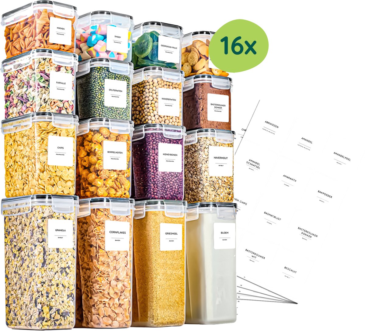 Voorraadbussen - 16 stuks - Voorraadpotten met labels - Vershoudbakjes