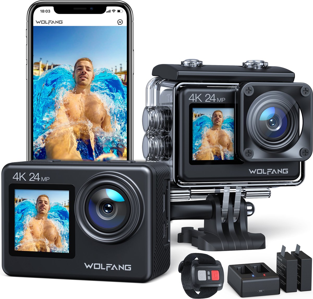WOLFANG GA200 Action Camera - 4K 24MP - Waterdicht 40M - EIS Stabilisatie - WiFi - Lader - Afstandsbediening - Accessoire Kit WOLFANG GA200 Action Camera - 4K 24MP - Waterdicht 40M - EIS Stabilisatie - WiFi - Lader - Afstandsbediening - Accessoire Kit