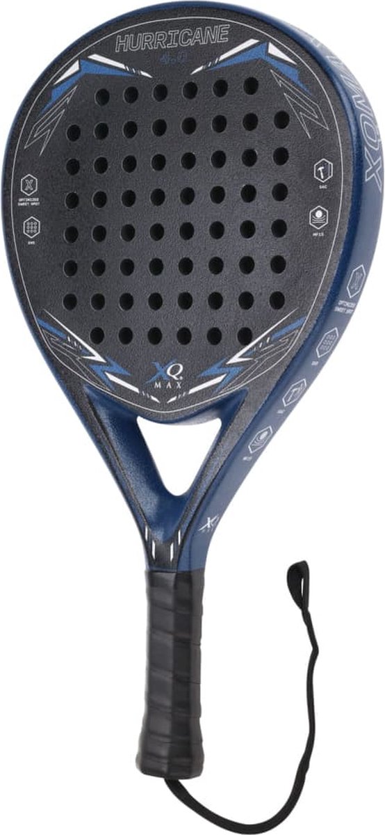 XQMax Hurricane 4.0 Padelracket - Druppelvorm - Zwart & Blauw - Voor Aanvallende Spelers - 3D Blad voor Extra Spin en Effect, Shock Absorption Core - Gemaakt van Glasvezel en Carbon - Padel Racket, Inclusief Polskoord XQMax Hurricane 4.0 Padelracket - Druppelvorm - Zwart & Blauw - Voor Aanvallende Spelers - 3D Blad voor Extra Spin en Effect, Shock Absorption Core - Gemaakt van Glasvezel en Carbon - Padel Racket, Inclusief Polskoord